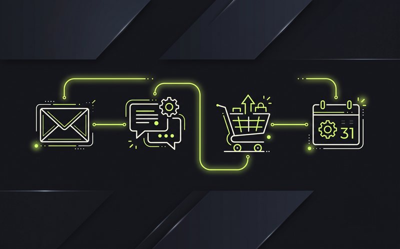 Connected icons representing email, chat, e-commerce, and calendar services